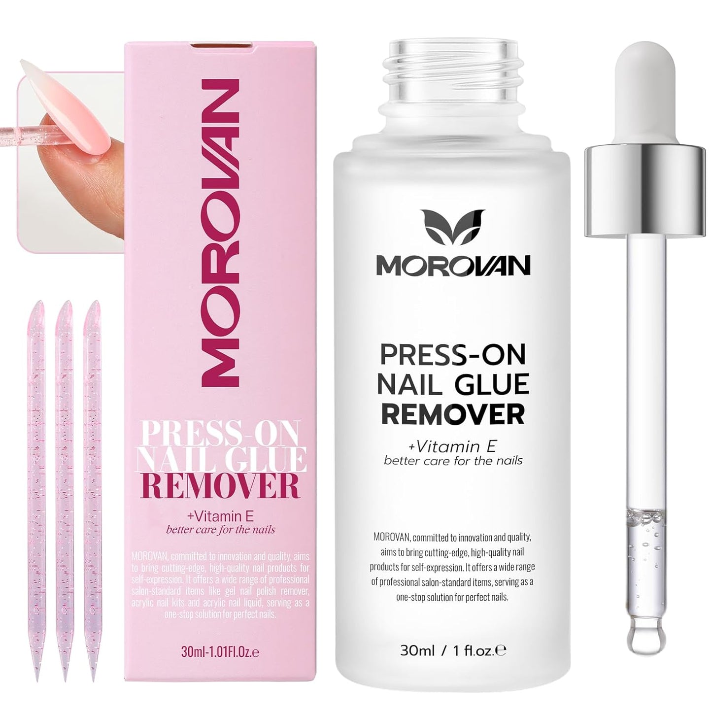 Morovan Press On Nail Glue Remover: Quick Press On Nail Remover Gentle Odorless Non-Acetone Artificial Acrylic Fake Nails Tips Removal - Enriched with Cuticle Oil and Vitamin E Beginners DIY at home