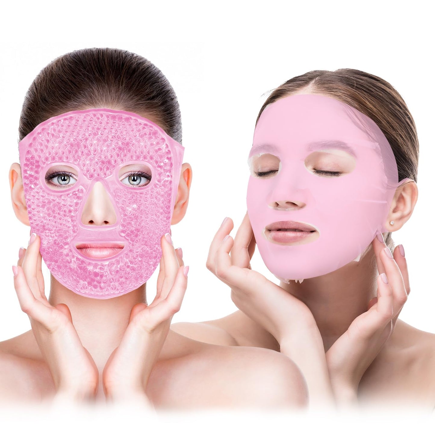 Ice Face Mask and Silicone Face Mask Cover Set, Ice Mask For Dark Circles, Puffiness, Migraines, Headache, Stress, Redness,Reusable Anti-Wrinkle Silicone Face Mask Holder for Sheet Masks(Pink)