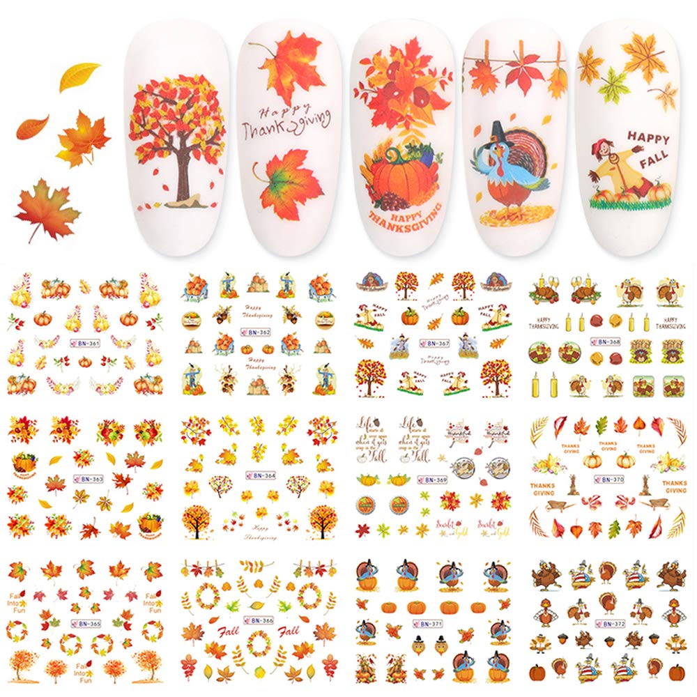 Fall Nail Stickers Autumn Maple Leaf Nail Art Decals Thanksgiving Day Water Decal Transfer Slider Set Turkey Pumpkin Nail Art Foil Stickers Nail Supplies Accessories Decoration Manicure Tips 12 Design