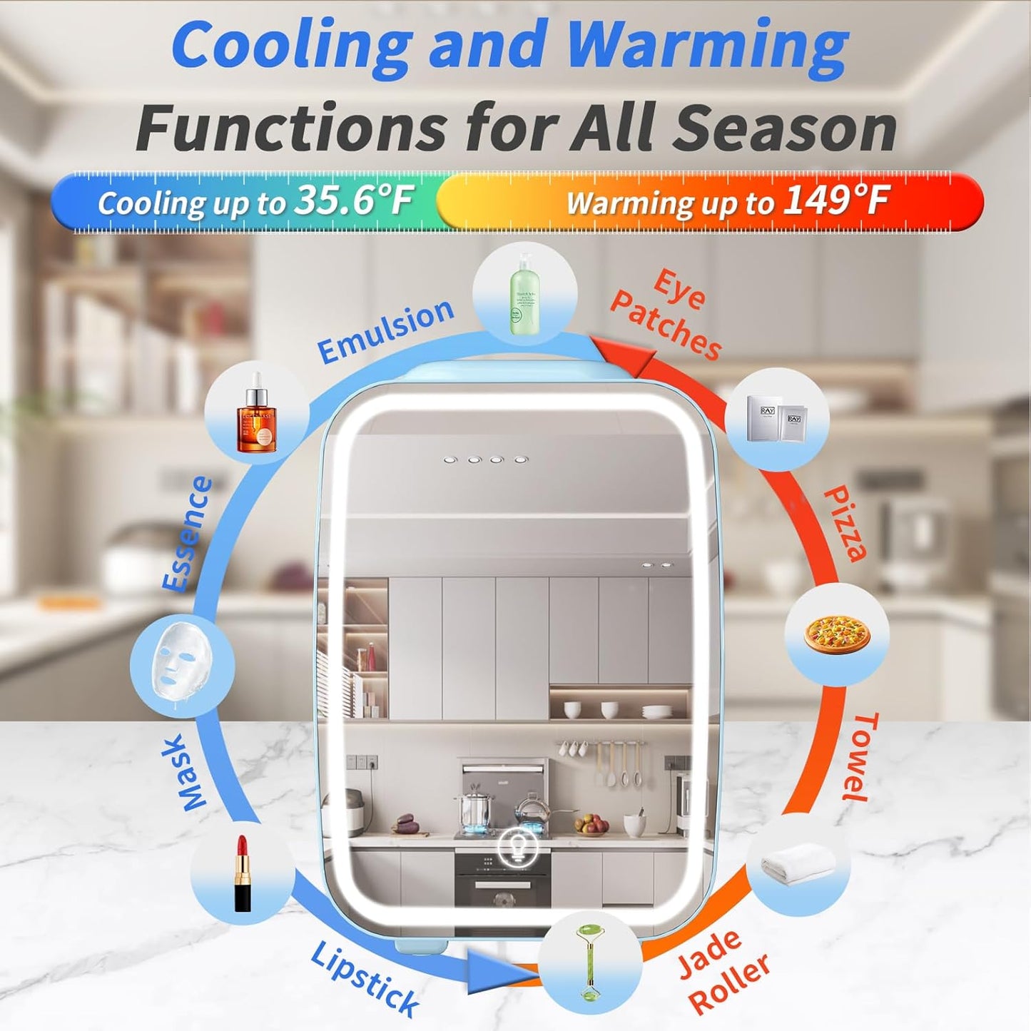 YASHE Skincare Fridge Mini Fridge for Bedroom with Dimmable LED Mirror, 4Liter/6 Cans Cooler and Warmer for Makeup, Cosmetic, Beauty, Portable Refrigerator for Bedroom, Vanity, Office and Car- Blue