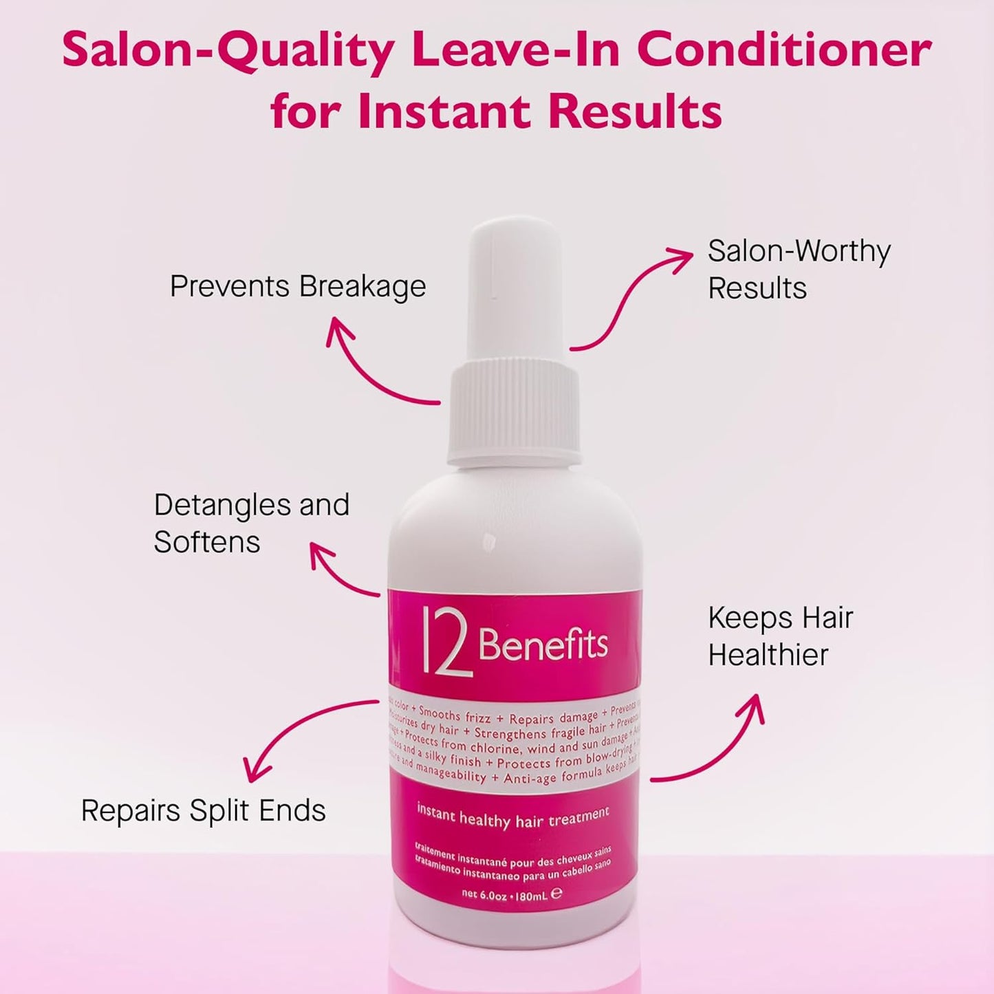12 Benefits Instant Healthy Hair Treatment - Leave In Conditioner Travel Size Spray, Quaternium 39 & Silk Fibre Protein - Smooths Frizz, Strengthens & Repairs Damaged Hair, (1 Fl Oz)