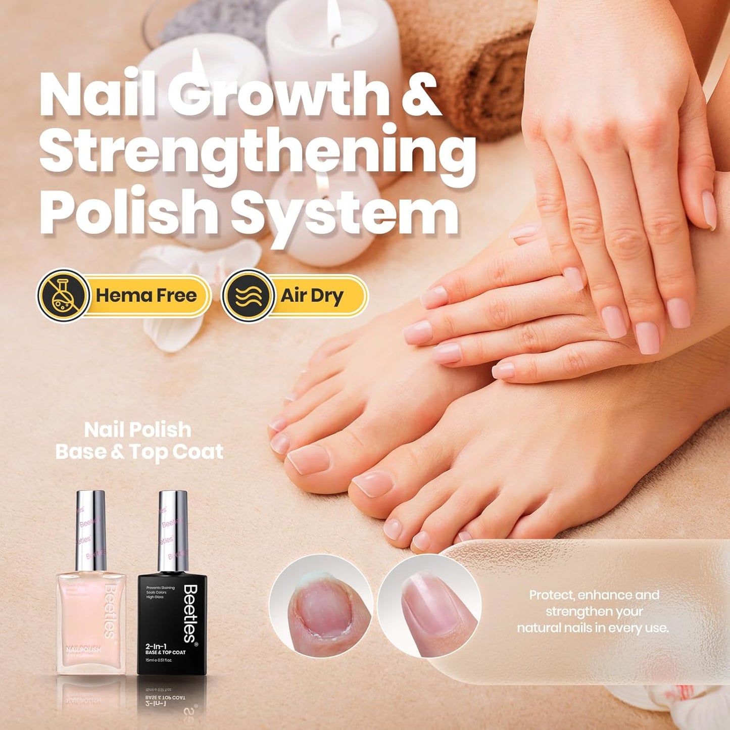 Beetles Nail Polish Top Coat and Base Coat Set Pearl Pink Fast Drying & Long Lasting Shine Nail Polish 2 IN 1 Protects Nails Enhances Glossy and Nourishes Nails for Women