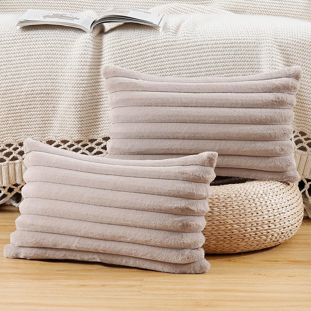 MADIZZ Set of 2 Faux Wool Plush Decorative Throw Pillow Covers 12x20 Inch Taupe Fluffy Striped Soft Decorative Cushion Cover for Sofa Bedroom Pillow Shell