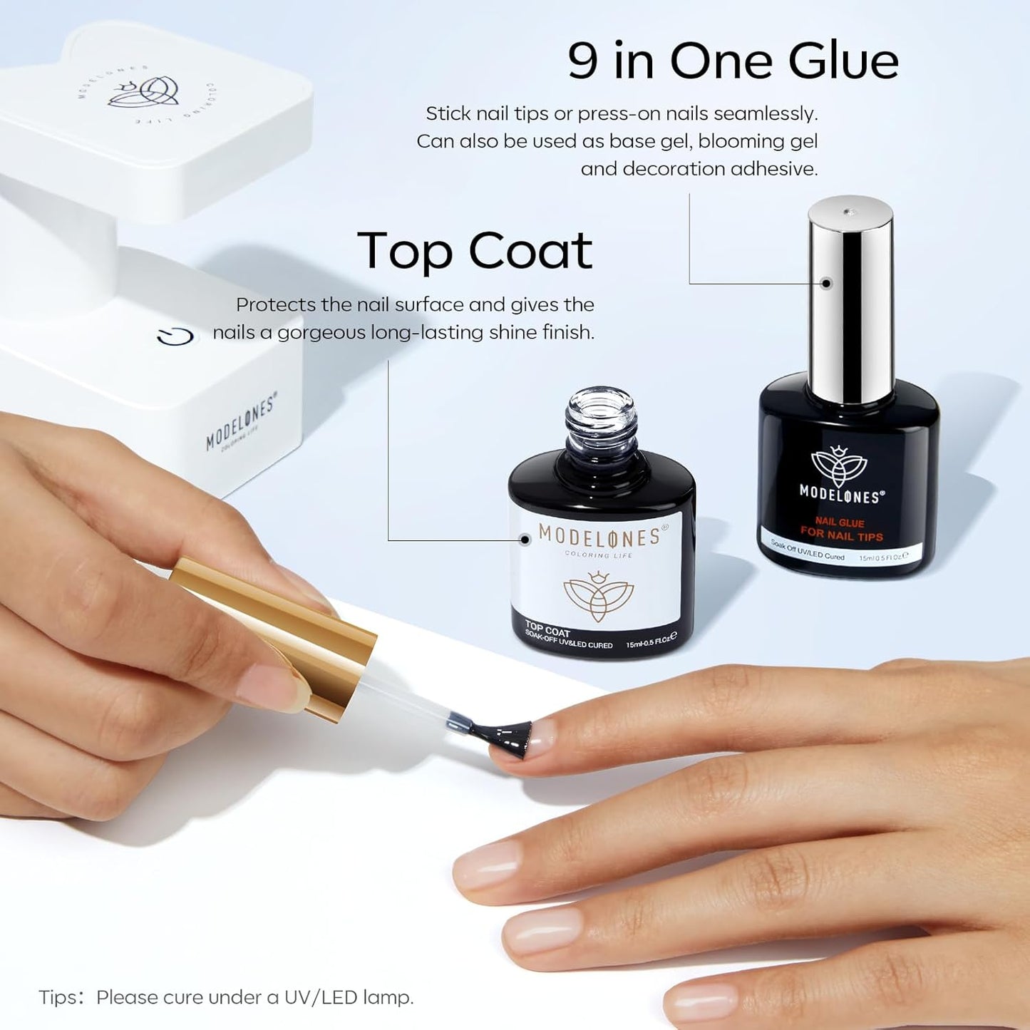 modelones Gel Nail Glue 9 in One Base Gel and No Wipe Top Coat Set 2Pcs for Gel Nail Polish Adhesive Nail Extension Gel Rhinestone Glue Nail Art LED Need 15ml