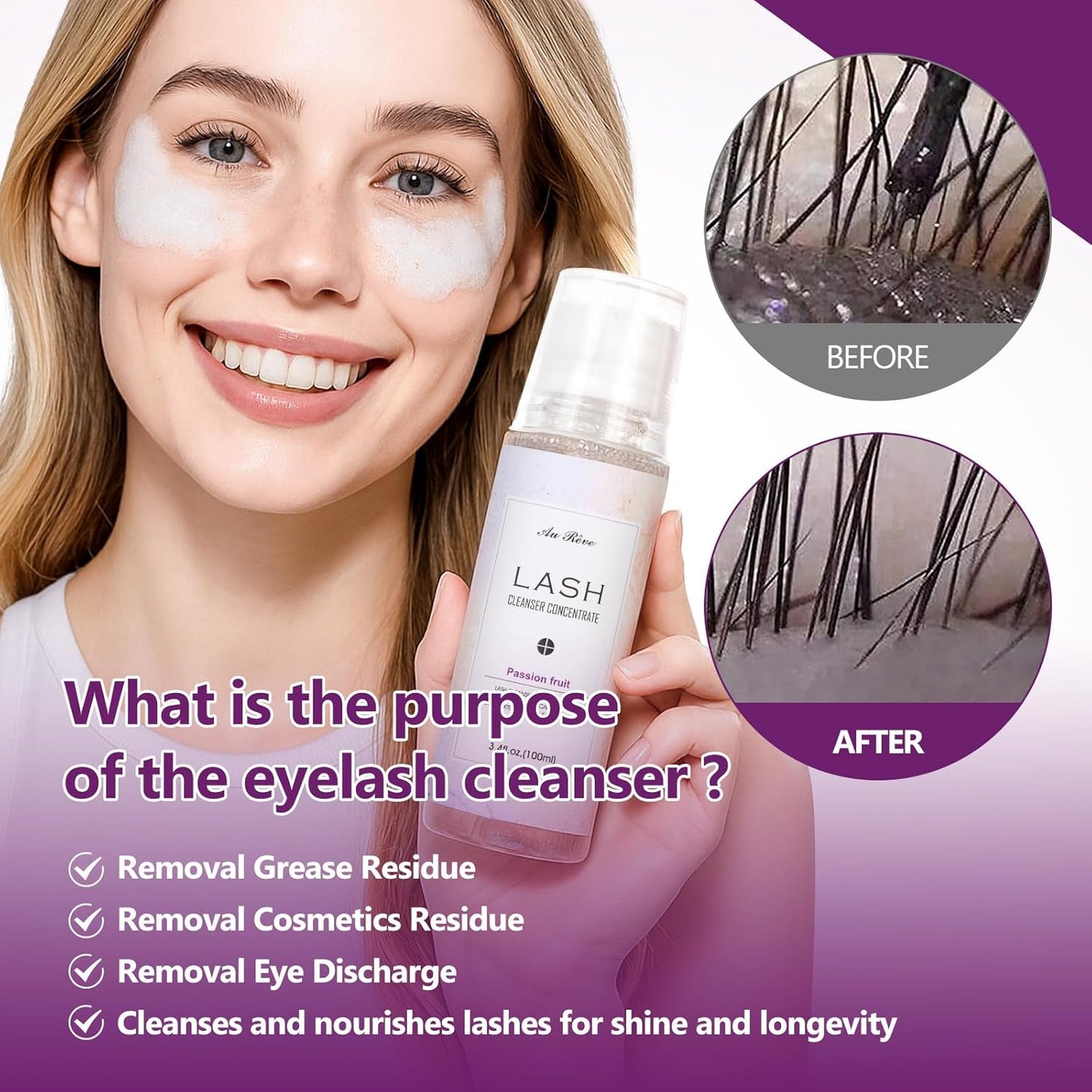 Lash Shampoo Concentrate 100ml Lash Extension Cleanser Oil-Free Eyelash Extension Shampoo with Salon Home Care -Makes 20 Bottles 60ml Eyelash Cleaner,Passion fruit