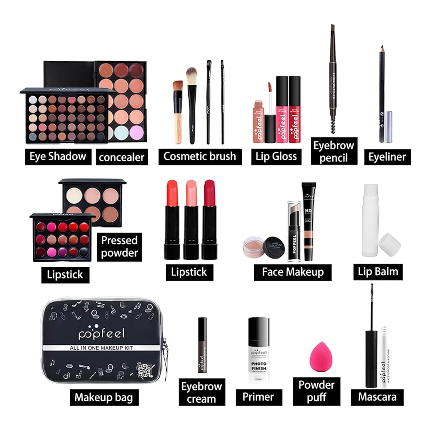 All in One Makeup Kit For Beginners Full Kit, Full Makeup Kit For Teen Girls, Makeup Gift Set, Include Eyeshadows, Concealer, Cosmetic brush, Lip Gloss, Lipstick, Powder puff, Mascara -005