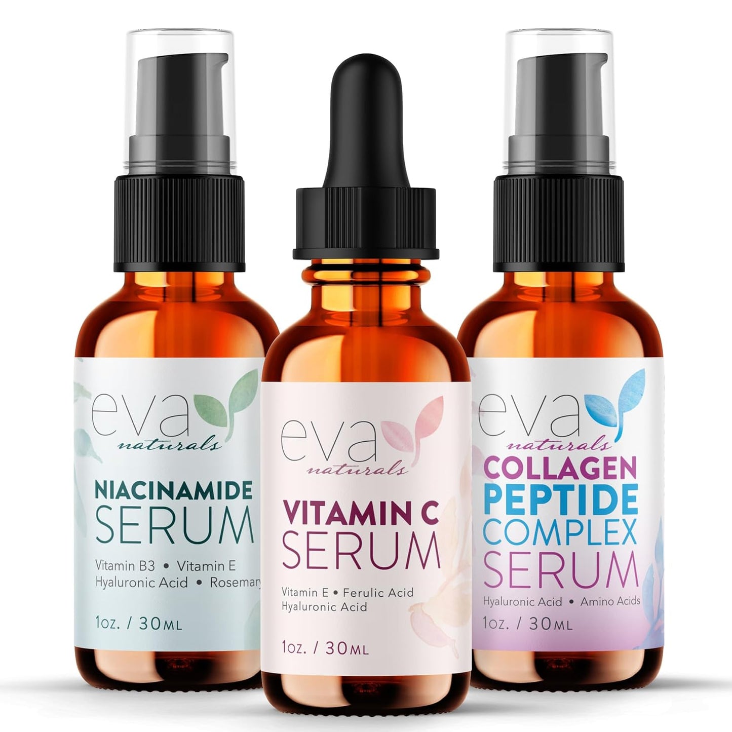 Eva Naturals Firm & Glow Serum Bundle – Vitamin C, Peptide & Niacinamide Serums – Anti-Aging Face Serum Set for Wrinkles, Glow, Pores, Hydration – Collagen Boosting Skin Care Routine