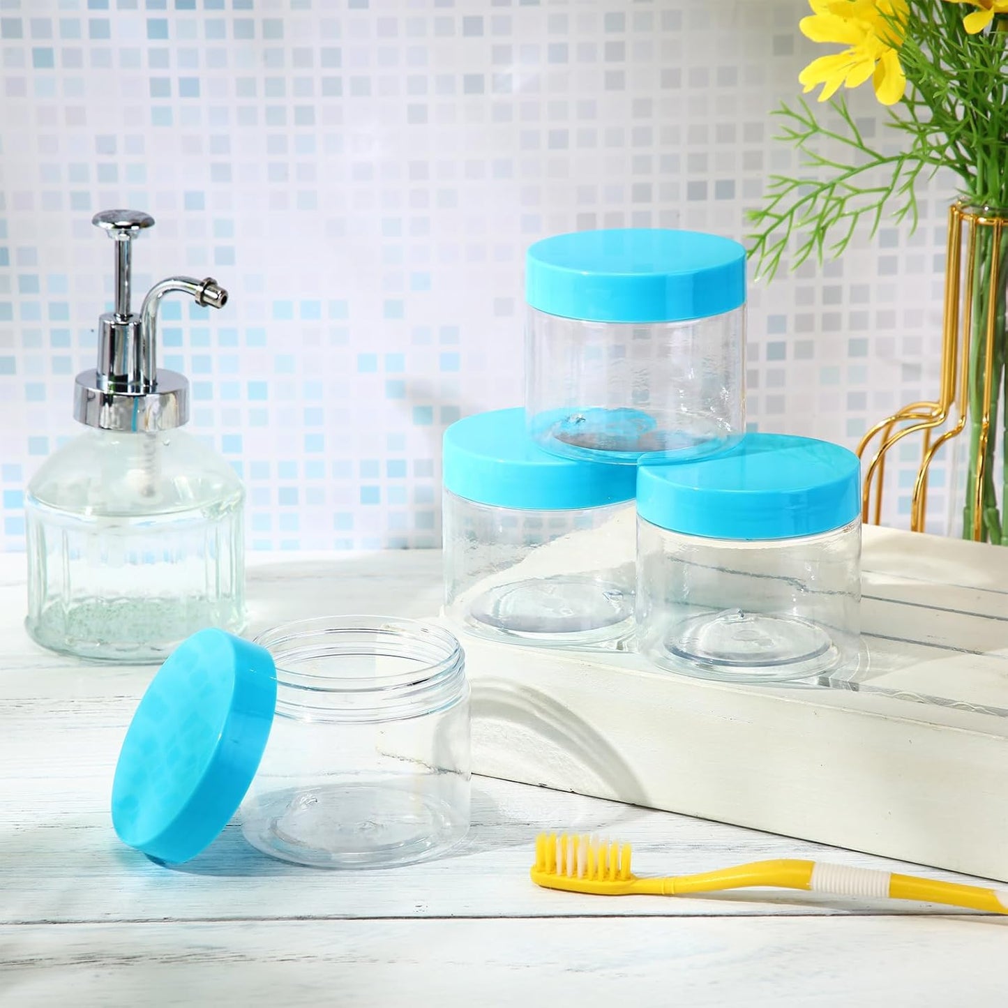 SATINIOR 36 Pieces 4 oz Plastic Jars with Lids Wide Mouth Airtight Reusable Container Acrylic Cosmetic Small Jars for Lotions Ointments Travel Toiletries Creams Make up Storage(Blue)