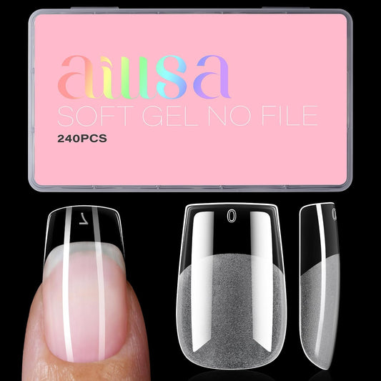 AILLSA Medium Square Fake Nail Tips 240Pcs Square Press on Nails Pre-Shaped Gelly Nail Tips, Half Matte Full Cover Clear Acrylic Gel Kit for Nail Extension Salon DIY at Home 8 Sizes False Tips
