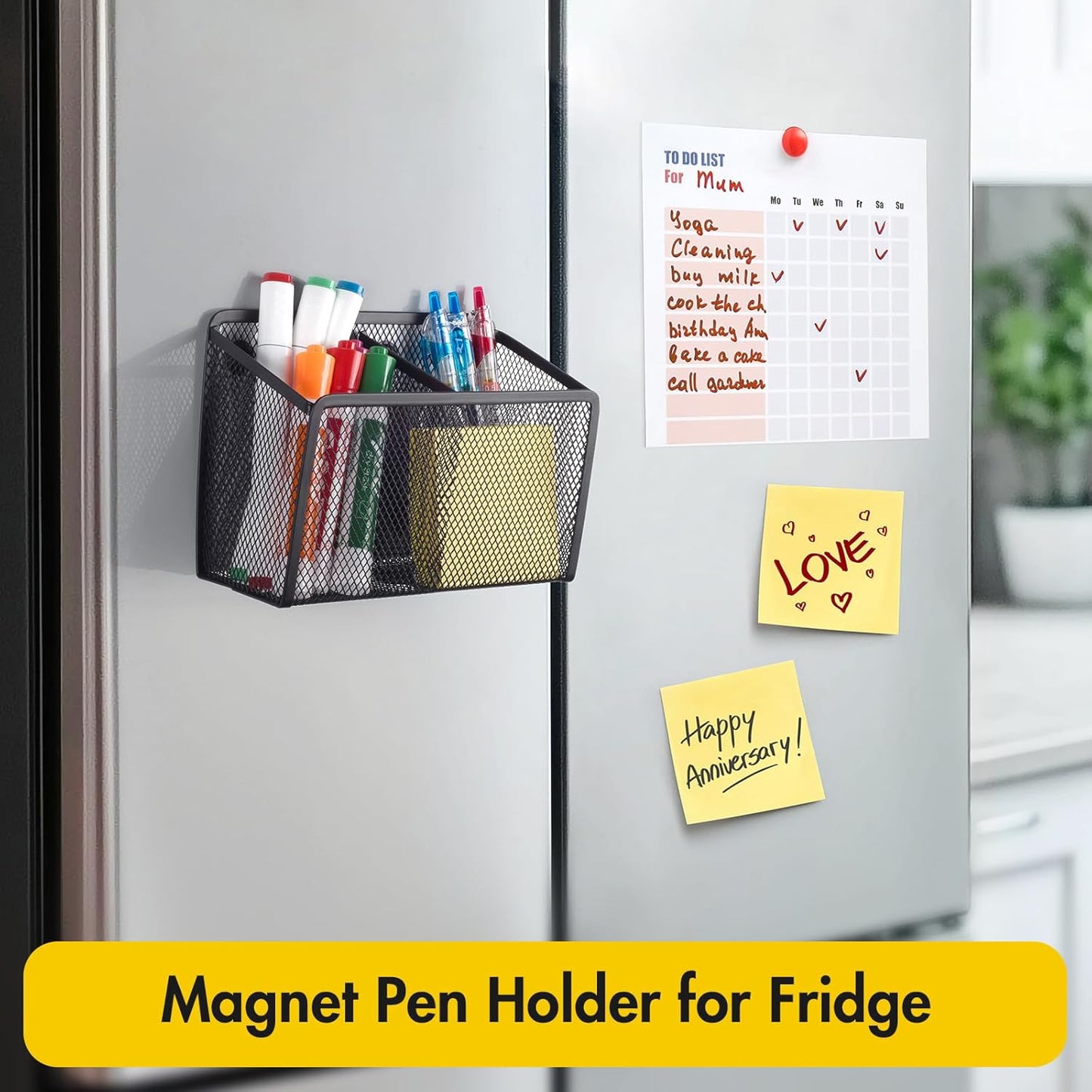 BEYGORM Magnetic Dry Erase Marker Holder for Whiteboard, Mesh Pen & Pencil Holder for Refrigerator, Strong Magnetic Basket for School Locker, Office & Classroom Organizer (Black, 1-Pack)