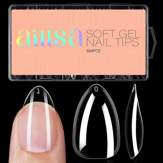 AILLSA Short Almond Nail Tips 504PCS Clear Full Cover Soft Nail Tips Gel Fake Nails Tips Preshaped Press on False Gelly Tips for Nail Extension DIY Home Salon Gift, 10 Sizes