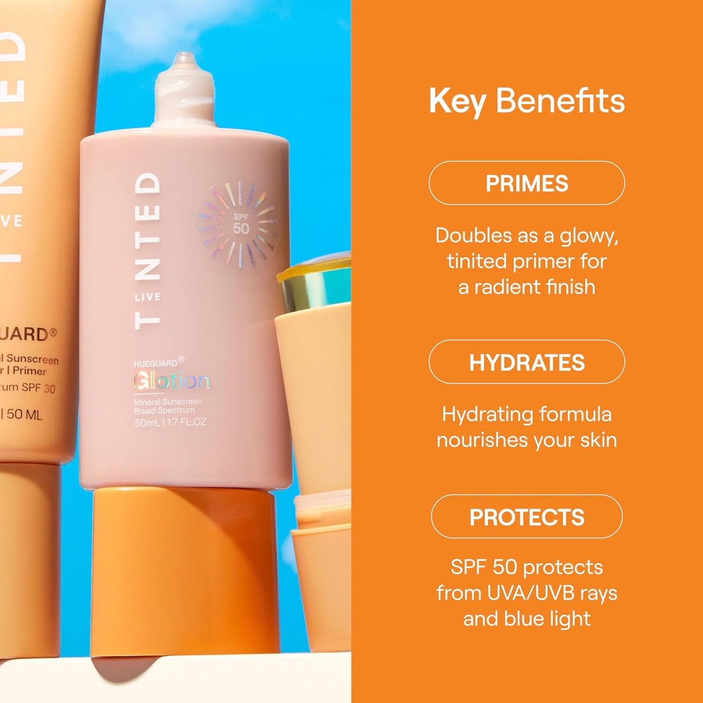 Live Tinted Hueguard Glotion Mineral Tinted Sunscreen For Face SPF 50 – Lightweight Fragrance-Free Sunscreen – Clean & Vegan Primer With SPF - Light Medium .5 FL Oz