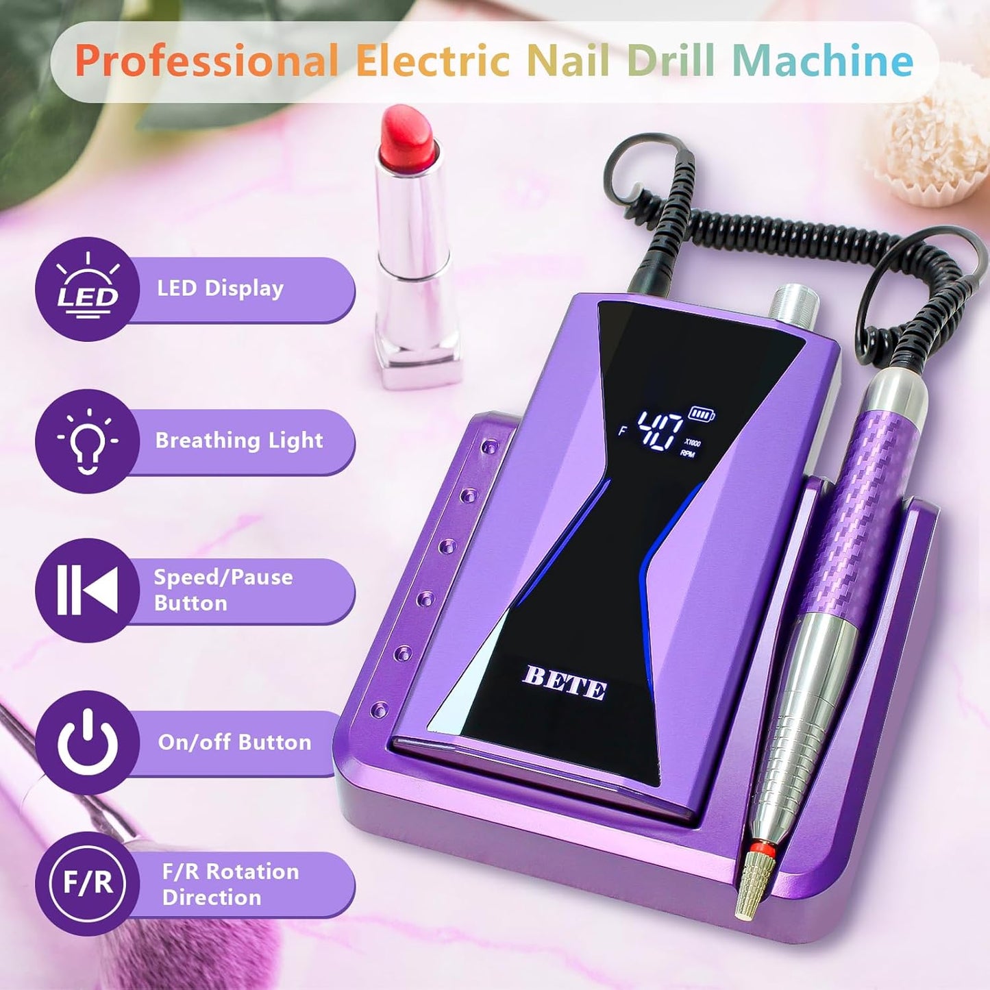 BETE Professional Nail Drill Machine, 0-40000RPM Brushless Durable Electric Nail File for Acrylic Gel Nails, Rechargeable Nail Drill with Charging Base with 6pcs Drill Bits for Salon Home, Purple