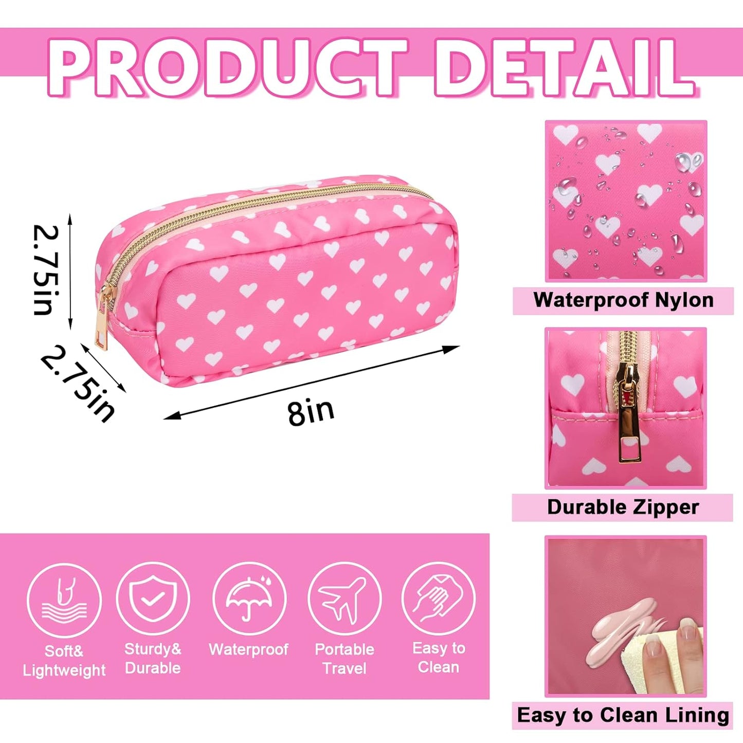 Small Pencil Case Makeup Bag for Purse, Cute Pencil Pouch Preppy Nylon Makeup Brush Bag with Zipper , Girls Portable Stationery Storage Case Small Pen Bag for Office School College(Slim-Pink Heart)