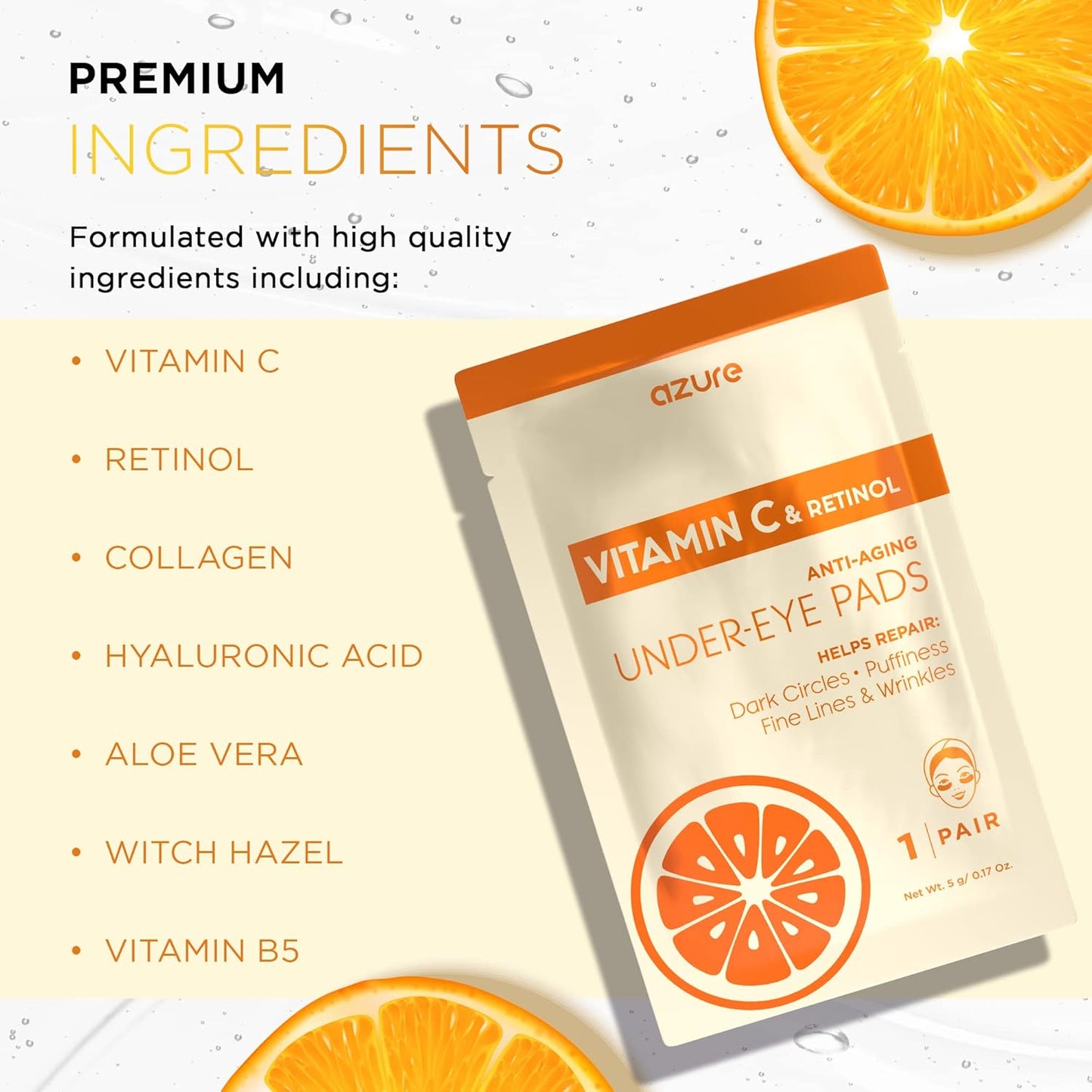 AZURE Vitamin C Brightening Under Eye Pads - Anti Aging, Lifting & Moisturizing Eye Mask Patches - Reduces Fine Lines, Wrinkles, Dark Circles & Puffiness - Skin Care Made in Korea - 5 Pairs