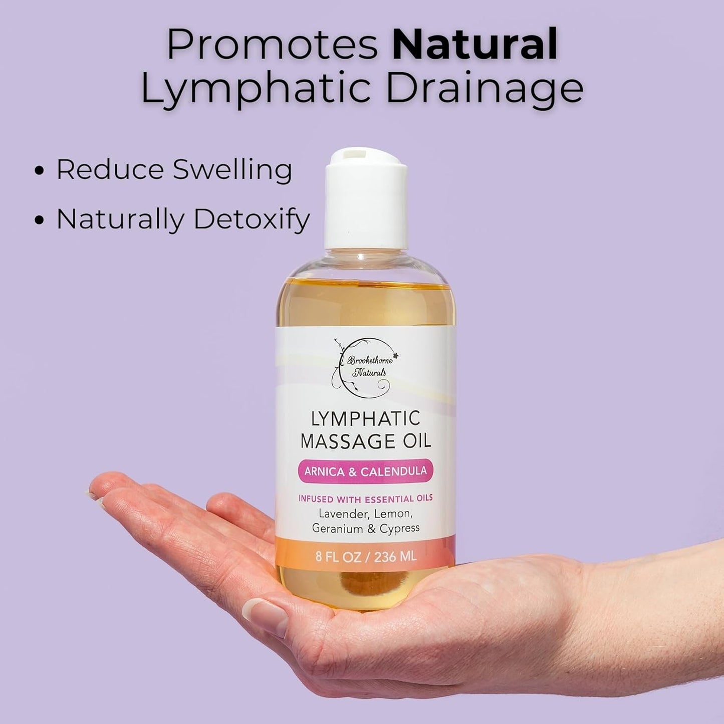 Lymphatic Massage Oil for Massage Therapy & Natural Lymphatic Drainage | Premium Quality with Arnica & Lavender Oil | for Post Surgery Recovery & Detox | 8oz by Brookethorne Naturals