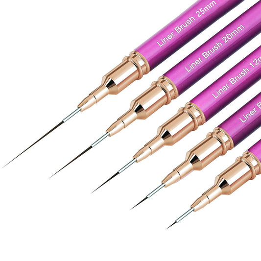 Metallic Nail Art Brushes, 5Pcs Nail Art Liner Brushes, Painting Art Design Brush Set Nail Dotting Drawing Tool for Long Lines, Thin Details, Fine Drawing Sizes 6/9/12/15/18mm, Purple