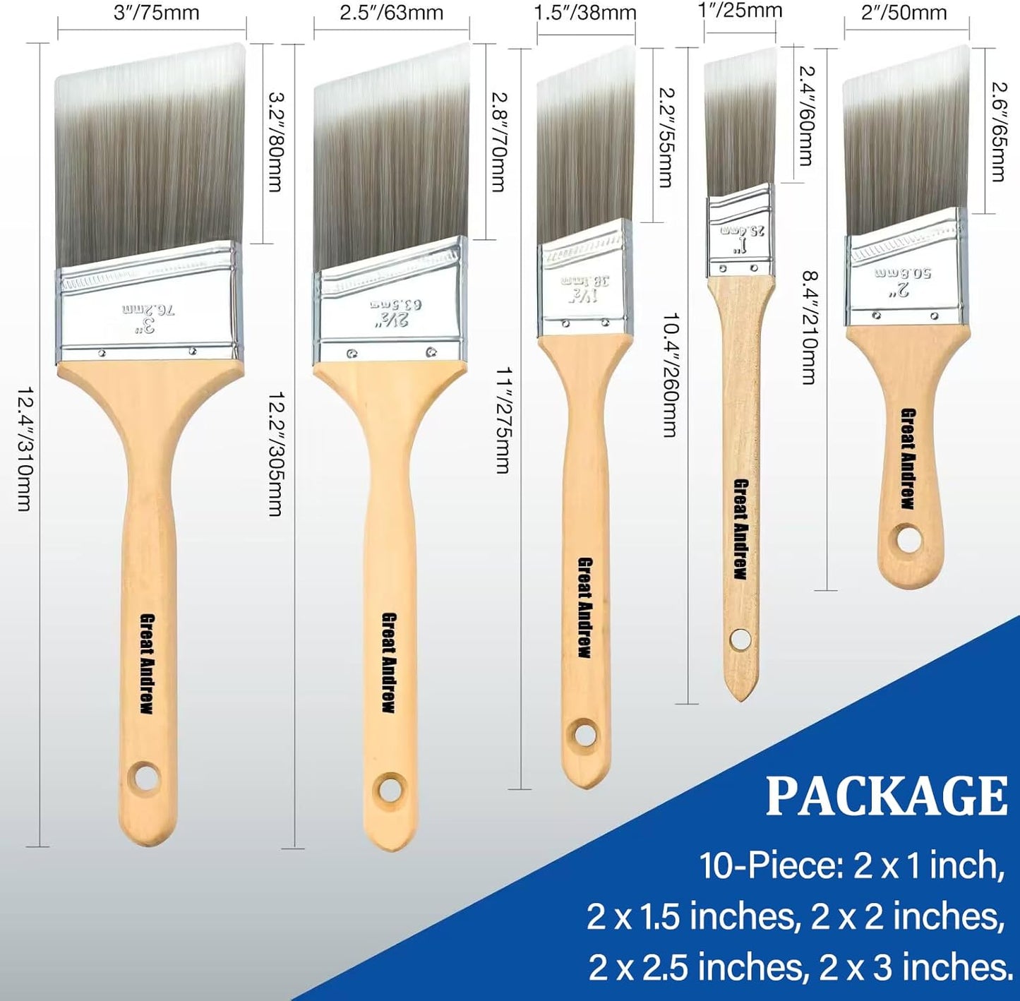 Great Andrew 10 Pack Paint Brushes with Wood Handle (1" 1.5" 2" 2.5" 3"), Angle Sash Brushes for Trim, Walls, All Latex, Oil Paints & Stains, Interior & Exterior Home