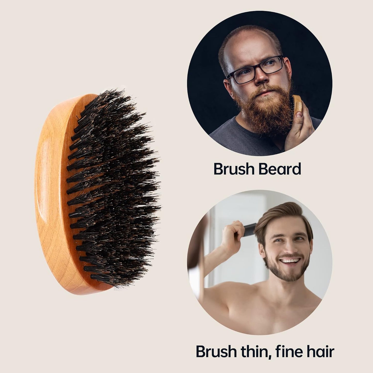 PERFEHAIR Boar Bristle Beard Brush for Men, Firm Bristles Wood Hair Comb for Mustache, Thin, Short Hair - Military Style