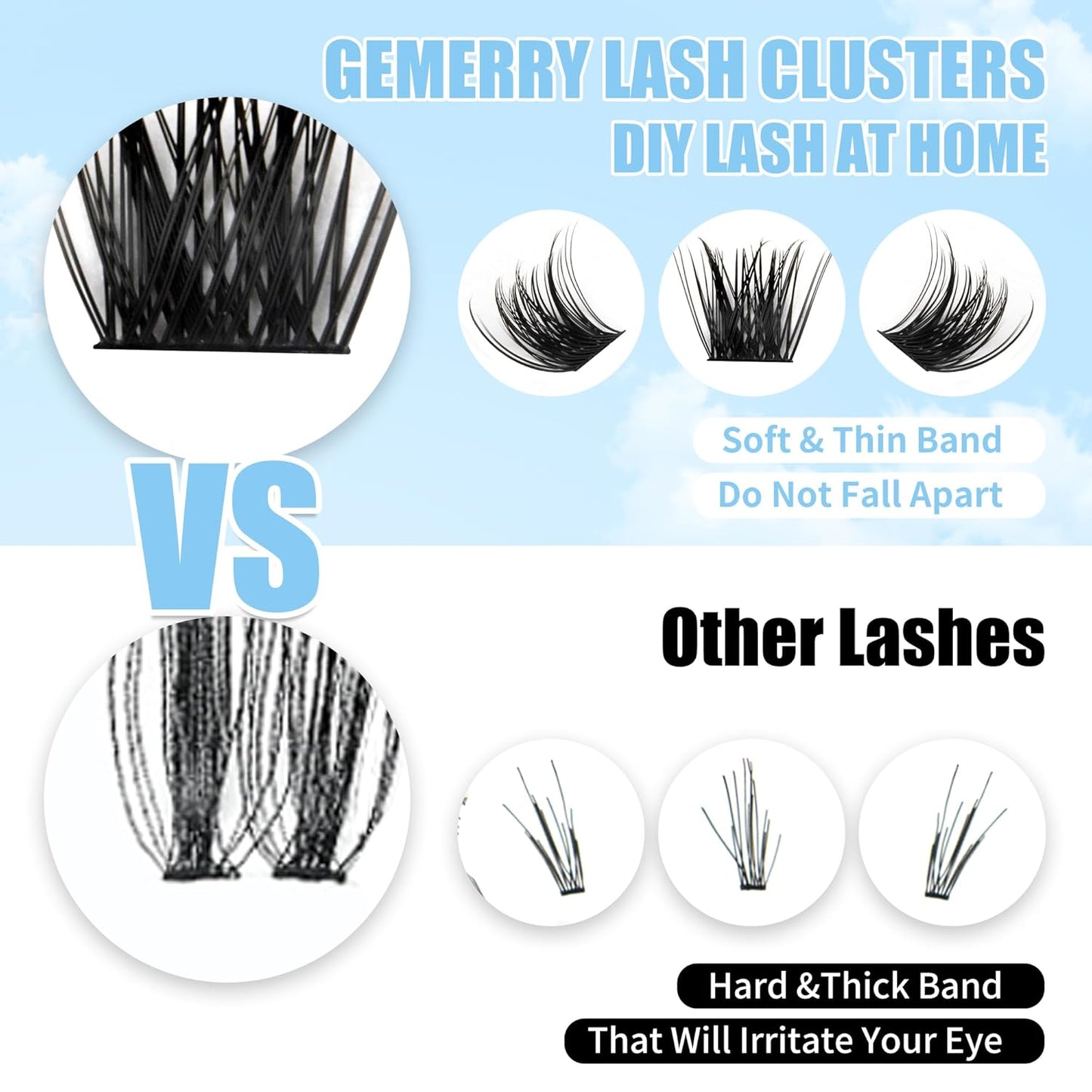 Cluster Lashes GEMERRY Lash Clusters 144 PCS Individual Lashes Two Styles Eyelash Clusters Wide Stem Soft Comfortable Lash Extension Clusters DIY at Home(Cloud/Rain-0.07-D-8-16MIX)