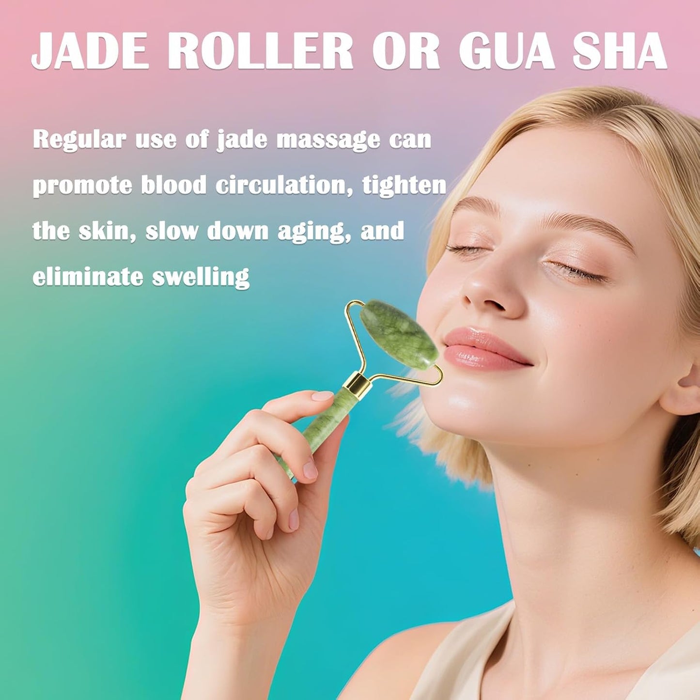 Natural Jade Roller & Gua Sha Set for Face, Facial Massager Tool for Skin Tightening, Anti-Aging, Puffiness Relief, Lymphatic Drainage - Spa Skincare Gift Set for Women