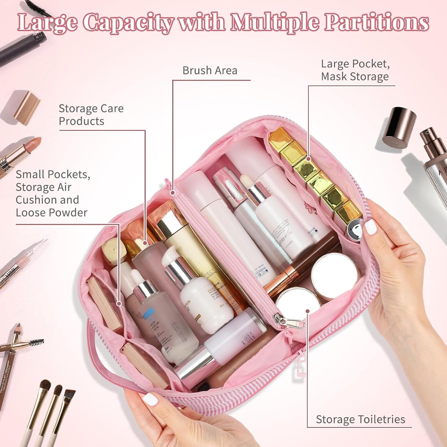 Travel Makeup Bag for Women, 2Pcs Portable Personalized Initial Makeup Organizer Bag, Open Flat Large Cosmetic Bag With Travel Essential Pouch (Pink Letter I)