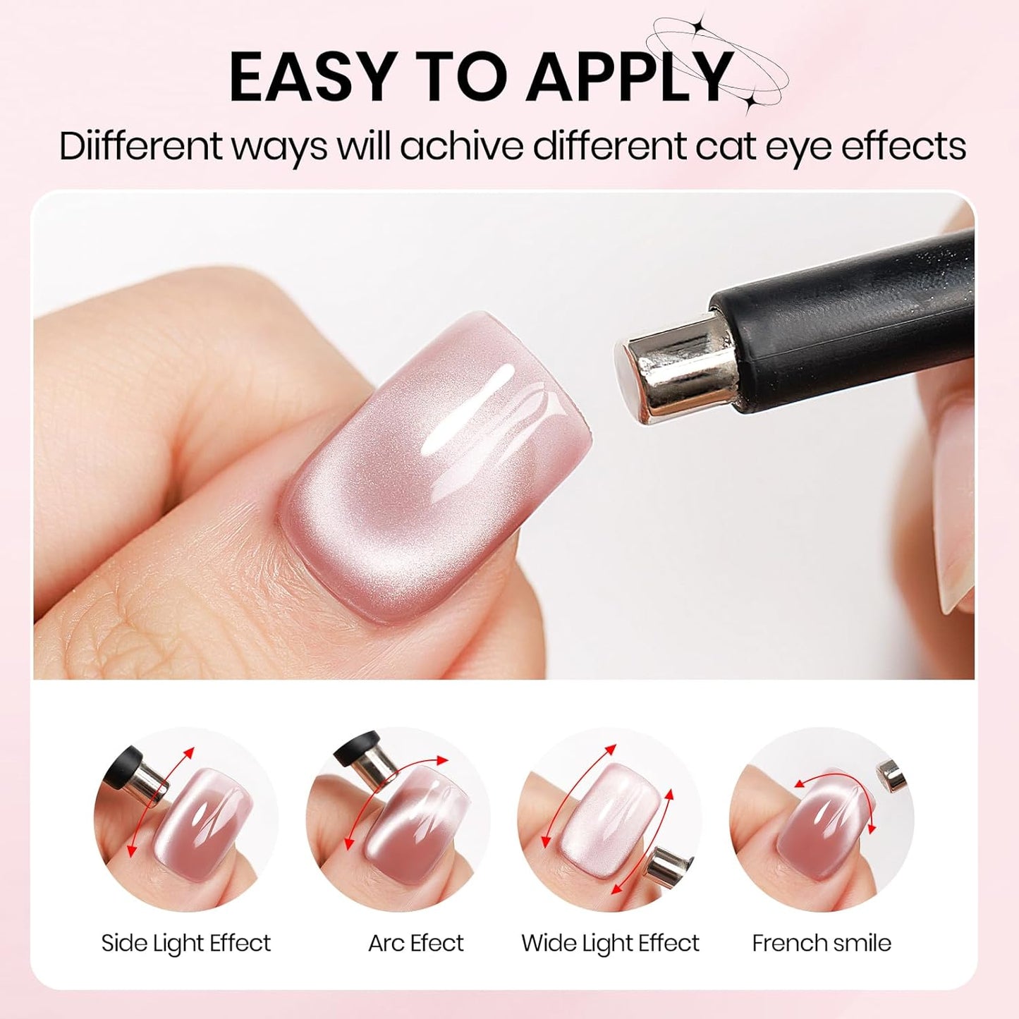 Pink Cat Eye Gel Nail Polish, 15ml Light Pink Jelly Glassy Gel Polish with Magnet Moonlight Shimmer Glitter Magnetic Nail Polish Soak Off U V Salon DIY at Home