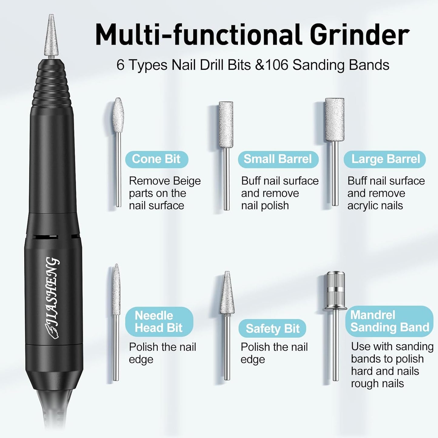 20000 RPM Nail Drill Machine Electric Nail File Professional Manicure Drill for Acrylic, Nail E File for Gel Nails Polishing Tools with 100 Sanding Bands and 6 Nail Drill Bits