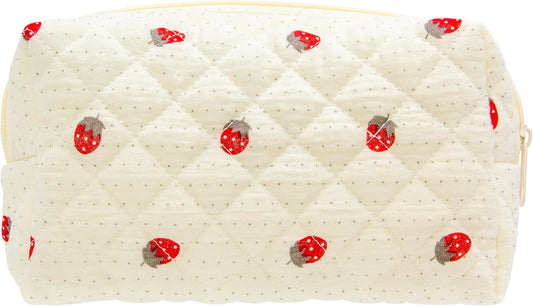 PAZIMIIK Vintage Quilted Makeup Bag Cosmetic Pouch for Brushes Pencils and Travel Make Up Accessories for Women and Girls Gauze Strawberry