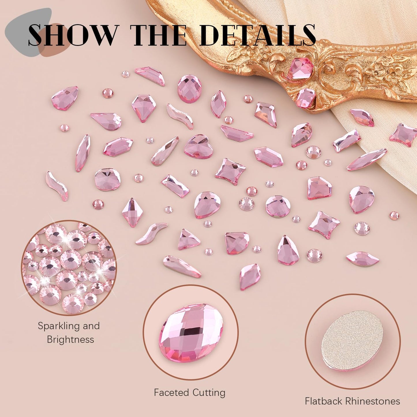 1680Pcs Pink Glass Nail Rhinestones 180Pcs Multi Shapes Flatback Nail Gems + 1500Pcs 1.5-4mm Round Crystal, Manicure Nail Charms Diamond Gemstones for Acrylic Nails Decoration
