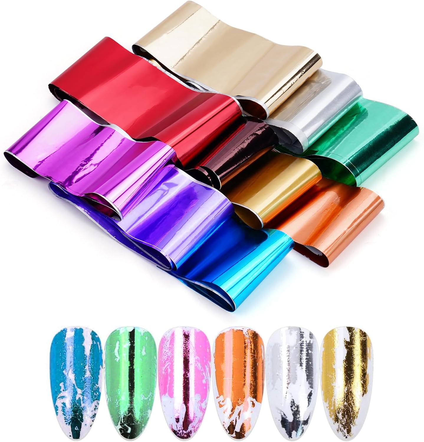 10 Sheets Holographic Nail Art Foil Transfer Stickers - Metallic Color Print Nail Decals 3D Self-Adhesive Stickers DIY Manicure Decoration Kit