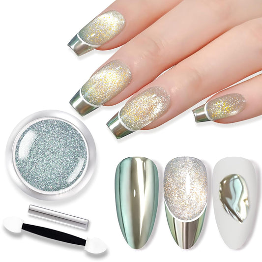 Born Pretty Green Chrome Nail Powder Super Glossy Mirror Effect Metallic Nail Powder Cat Magnetic Eye Nail Powder Nail Glitter Manicure Pigments for Nail Art Design