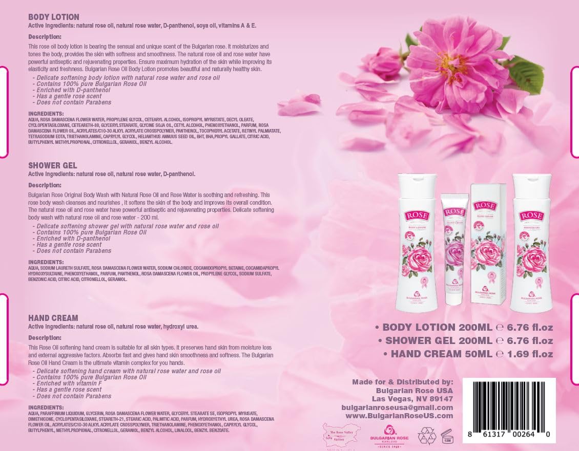 Bulgarian Rose Oil Moisturizing Body Care 3 Piece Gift Set - Natural Rose Body Lotion, Natural Rose Body Wash, Natural Rose Hand Cream