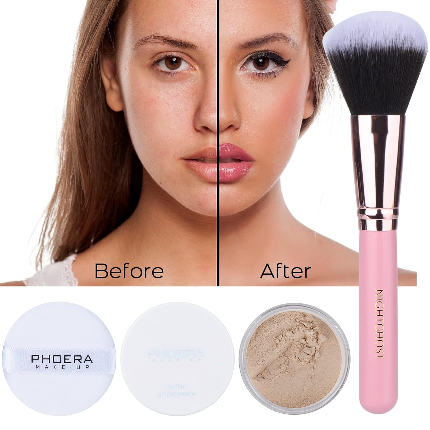 Foundation Makeup Sets Full Kit for Women Pack 8 Included Phoera Foundation,Flat Top Kabuki Brush Kit,Primer,Powder Foundation,Makeup Sponges (103 Warm Peach + 104 Buff Beige)
