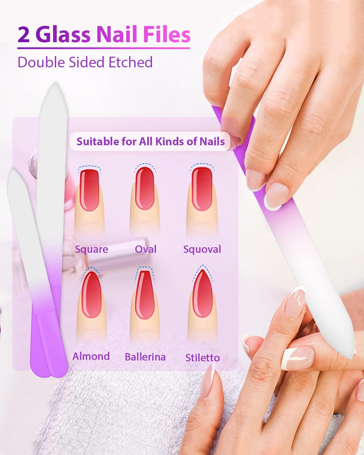 Glass Nail File and Nail Shiner, 4PC Crystal Nail File and Nano Glass Nail Buffer, Premium Set with Case, Professional Manicure Tool Fingernail Czech File for Natural Nail, Gift for Women and Girls