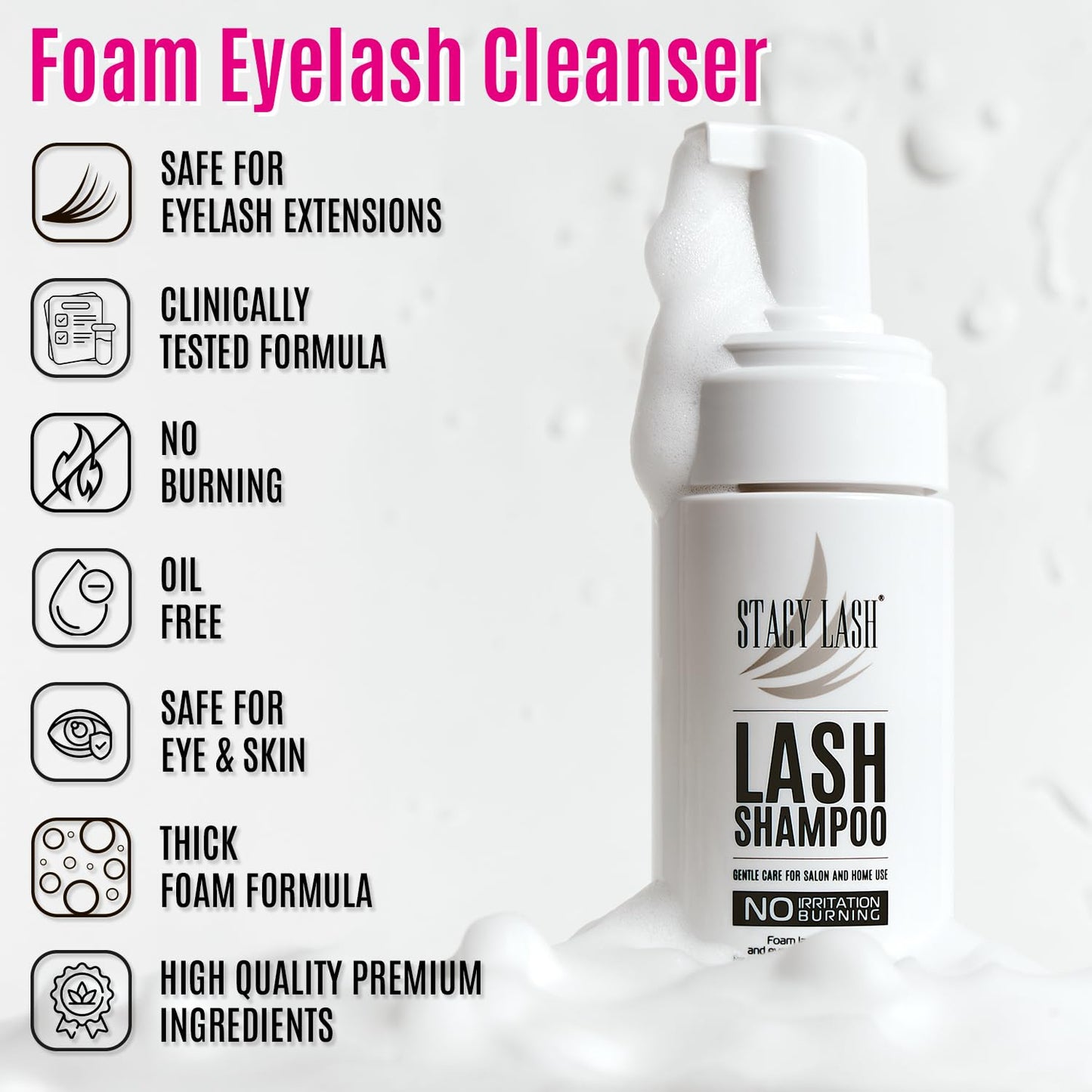 STACY LASH Lash Shampoo Kit Foaming Cleanser with Eye Lash Spoolies & Rinse Bottle & Cleansing Pad & Brush for Eyelash Extensions & Clusters & Natural Eyelashes