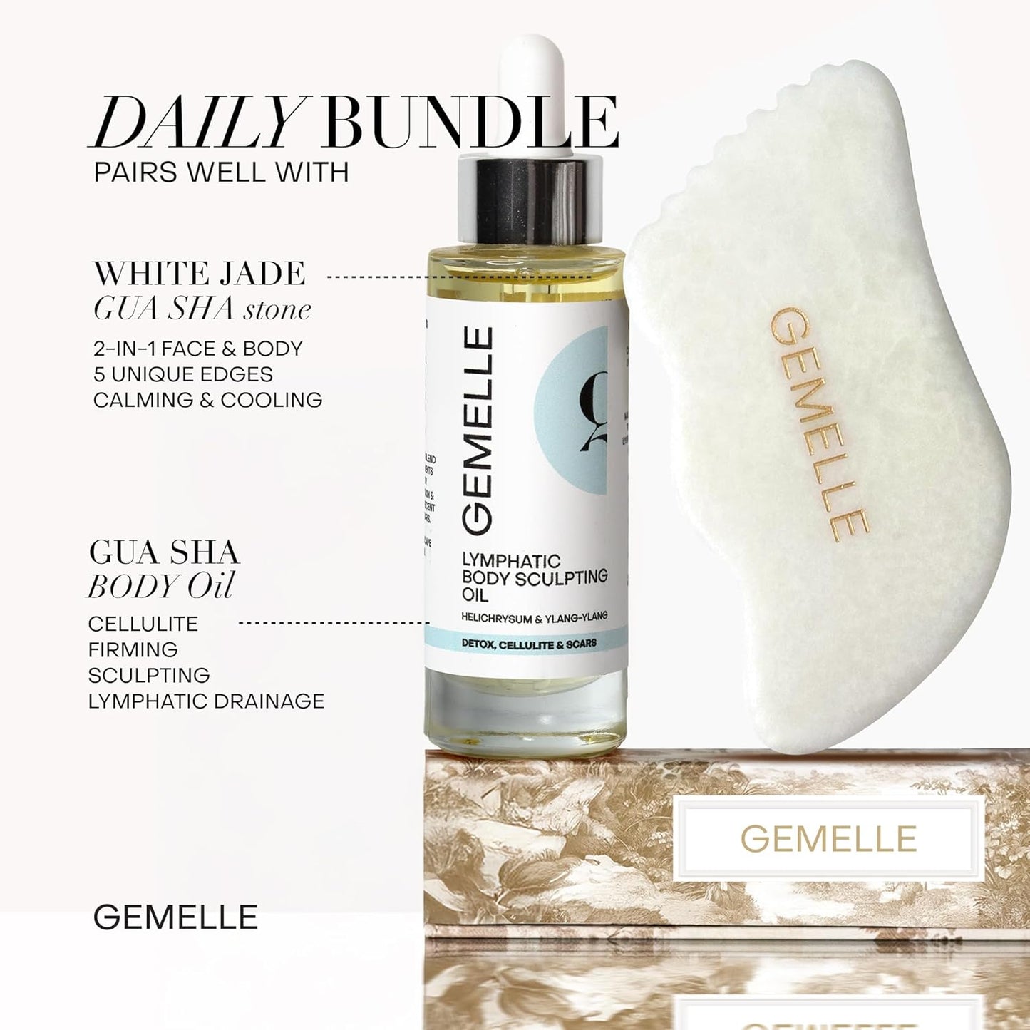 GEMELLE Lymphatic Gua Sha Body Oil | 10x Award Winner | Lymphatic Drainage, Anti-Cellulite, Sculpting | Vitamin E, Anti-Aging | Targeted Use with Gua Sha Tool | Organic, Natural, Clean Beauty – 30ml
