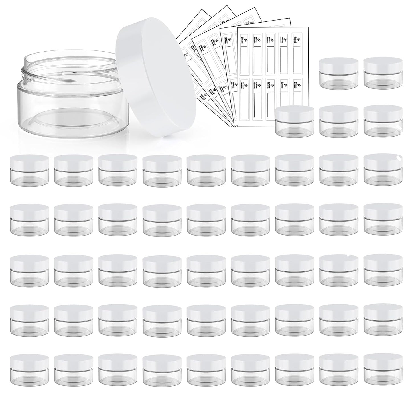 50 Pack 1 OZ Plastic Jars Round Clear Cosmetic Container Jar with White Lids, Eternal Moment Plastic Slime Jars for Lotion, Cream, Ointments, Makeup, Eye shadow, Rhinestone, Samples, Travel Storage