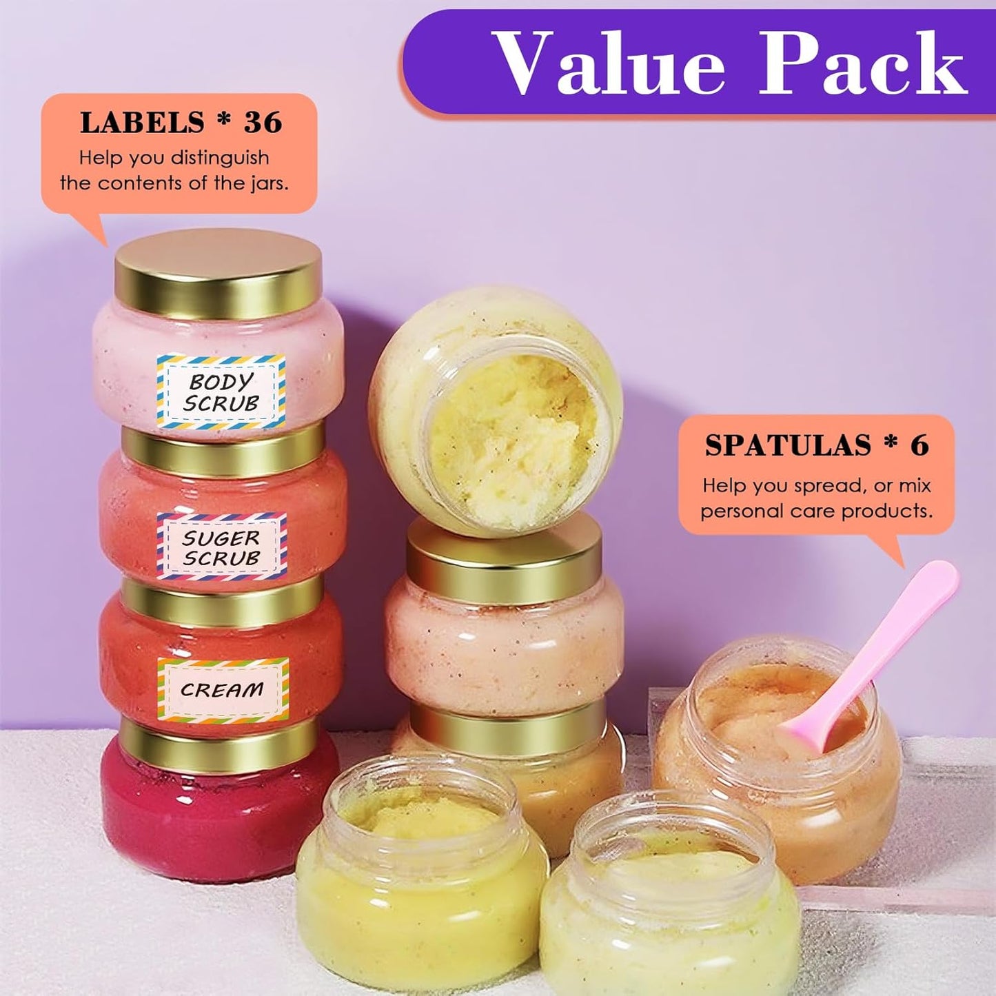 36 Pack 5 oz Plastic Cosmetic Containers With Lids Refillable Clear Empty Travle Jars Containers for Body Butter,Sugar Scrubs,Cream,Lotions,Candy, Waterproof Label&Spatulas - (Clear Lid)