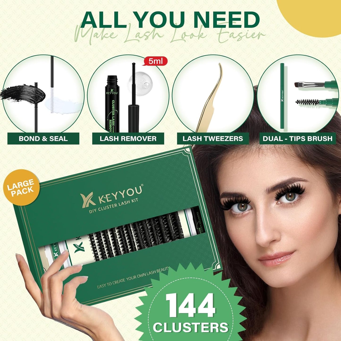 DIY Lash Extension Kit 144pcs 8-18MIX Lash Clusters with Super Hold Mascara Brush Bond and Seal Lash Remover Lash Applicators Lash Brush for KEYYOU DIY Lash Kit (Y10 Kit)