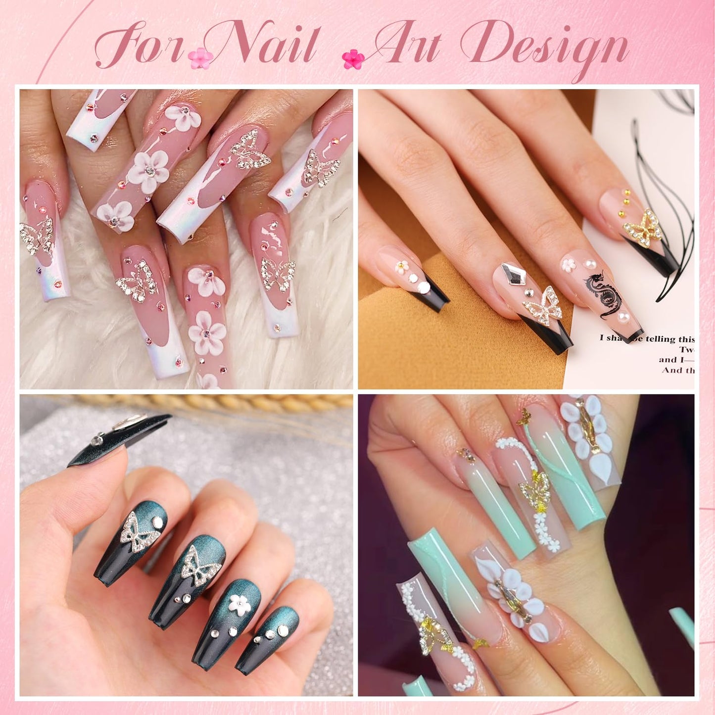 3D Nail Charms and Gems Set 11, 10PCS Gold and Silver Chunky Butterfly Nail Charms with Rhinestones, 3D Flowers for Nails, Flatback Crystals and Pearls + Picker Tool for Y2K Nail Decoration