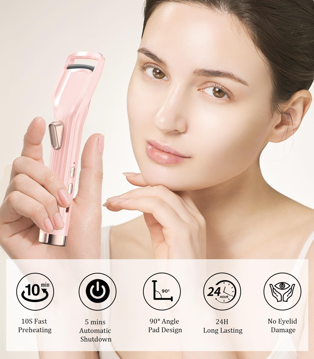 Heated Eyelash Curler Premium PRO - Fast Heat up in 8s - 24 Hours Long Lasting - Rechargeable Electric Eyelash Curler with Type-C, Innovative L Silicone, 2 Heat Modes, Anti-Burn Eyelid, Pink-CC