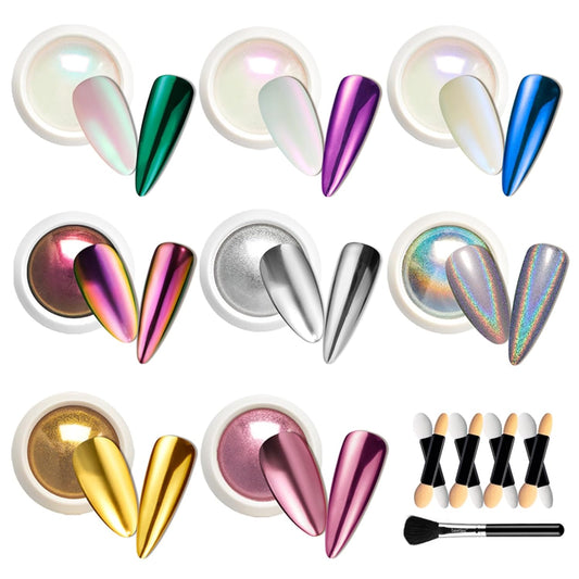 Beetles Chrome Nail Powder 8 Colors Mirror Effect Aurora Iridescent Pearlescent Holographic Manicure Nail Art Decoration Glitter, 1g or 0.5g/Jar for Women