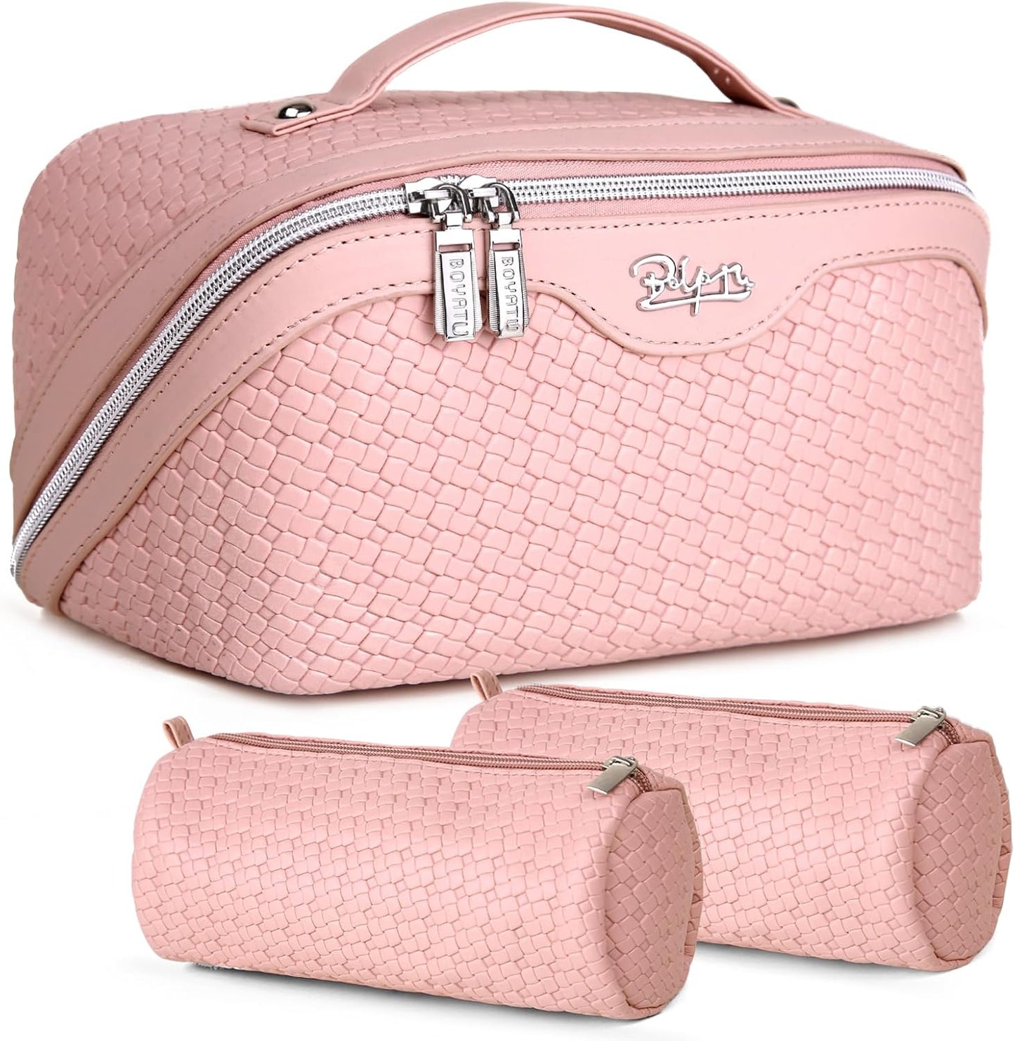 BOYATU Travel Makeup Bags for Women: 3 Set Make up Bags with Compartments - Large Cosmetic Bag - Vegan Leather Makeup Organizer for Traveling (L17 Pink)