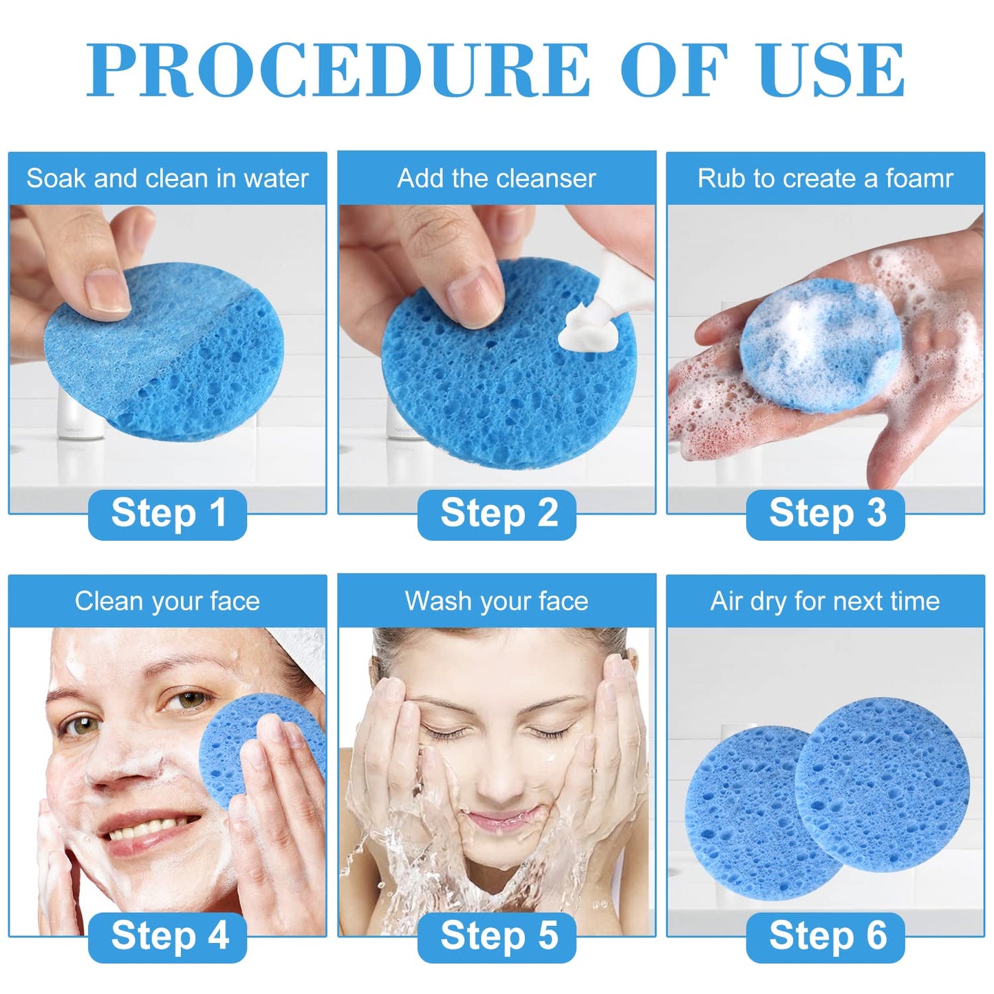 100-Count Facial Sponges - Natural Cellulose, Round Shape - Face Cleansing, Exfoliating, Makeup Removal - Blue, Yellow, Purple, Pink