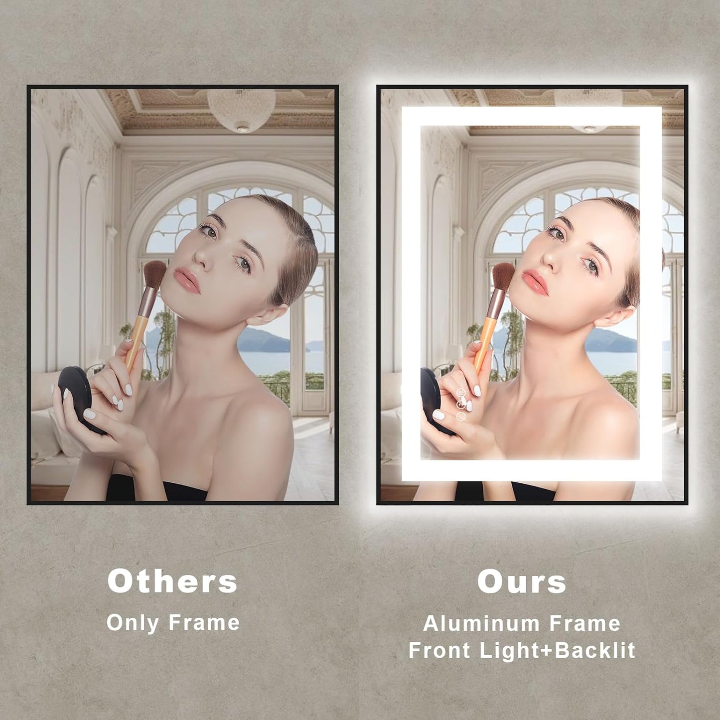 OKPAL 28x32 LED Bathroom Mirror with Lights, Black Lighted Mirrors for Bathroom Wall, Front and Backlit, Anti-Fog, Dimmable, Shatterproof, 3 Colors, Memory, Horizontal/Vertical