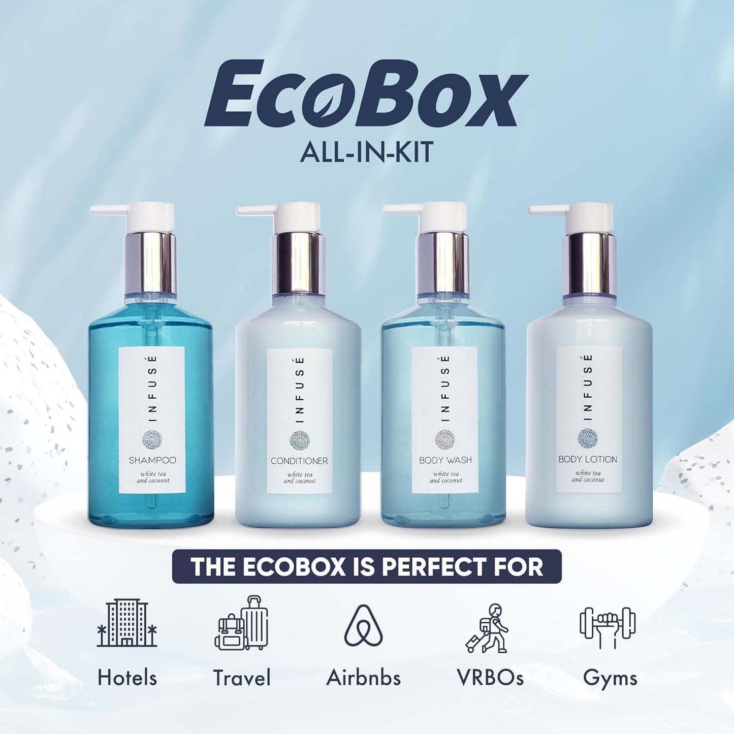 A 20 Piece Ecobox All-In-Kit of our Infuse | White Tea and Coconut Soap | 6 Shampoo, 4 Conditioner, 6 Body Wash & 4 Lotion | 10.14 oz Hotel Soaps and Toiletries Bulk | Personal Care Products