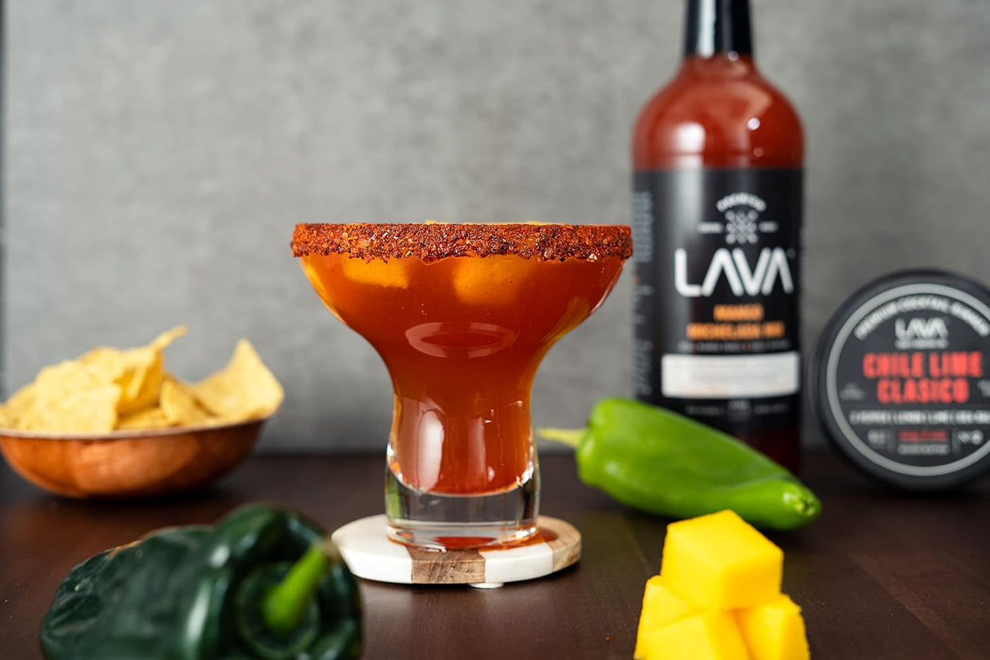 LAVA Premium Mango Michelada Mix Made With Real Mango Puree, Ancho Chile Peppers, New Mexico Chile, Tamarind, Vegan, 1-Liter (33.8oz) Glass Bottle, Ready to Use