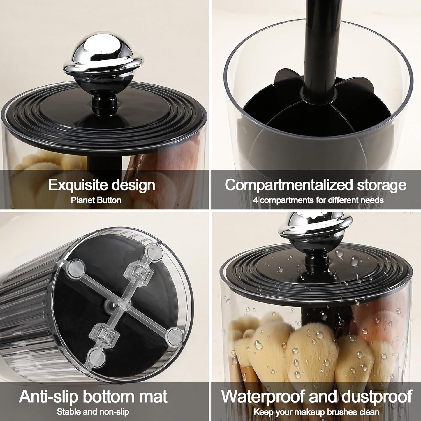 DASITON Makeup Brush Holder with Lid, Automatic Lifting Makeup Organizer for Vanity, 4 Slots Clear Makeup Brush Organizer, Dustproof Cosmetic Brushes Storage for Bathroom, Desktop, Office (Black)