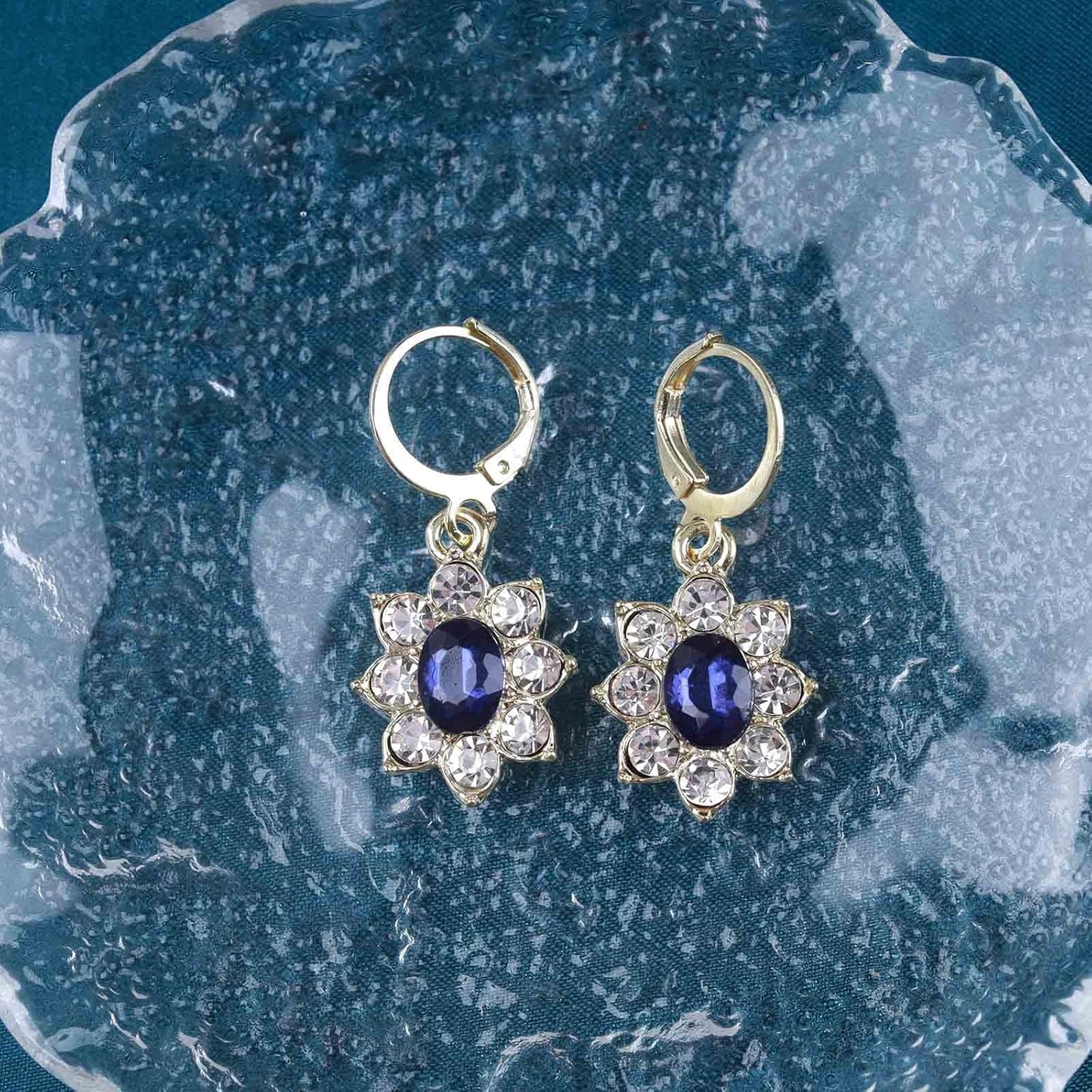 Vintage Crystal Flower Earrings Sapphire Drop Earrings Blue Oval Gem Earrings Gold Rhinestone Huggie Hoop Earrings Jewelry for Women
